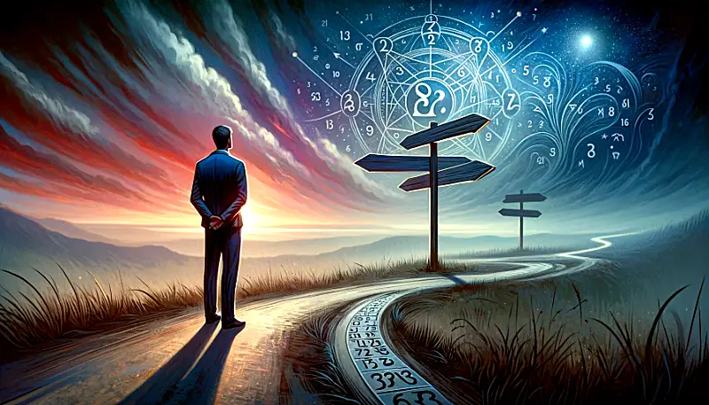 Alex at a critical moment standing at a crossroads looking contemplatively at a forked path