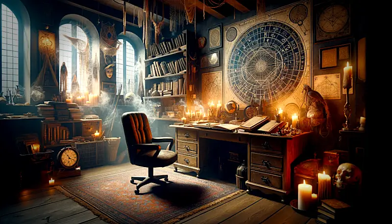Elenas office a serene and mystical numerologist sanctuary filled with astrological charts numerical diagrams and burning ince
