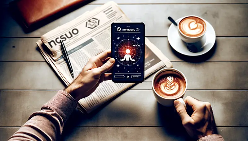person reading their horoscope on a smartphone with a morning coffee